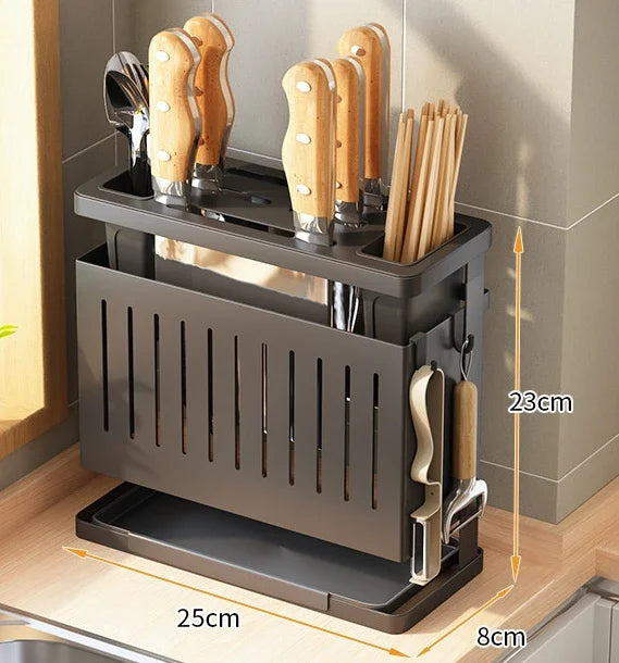 Kitchen Knife Holder Storage Rack Wall-Mounted Multi-purpose Storage Knife Rack Detachable Stainless Steel With Brackets Hooks