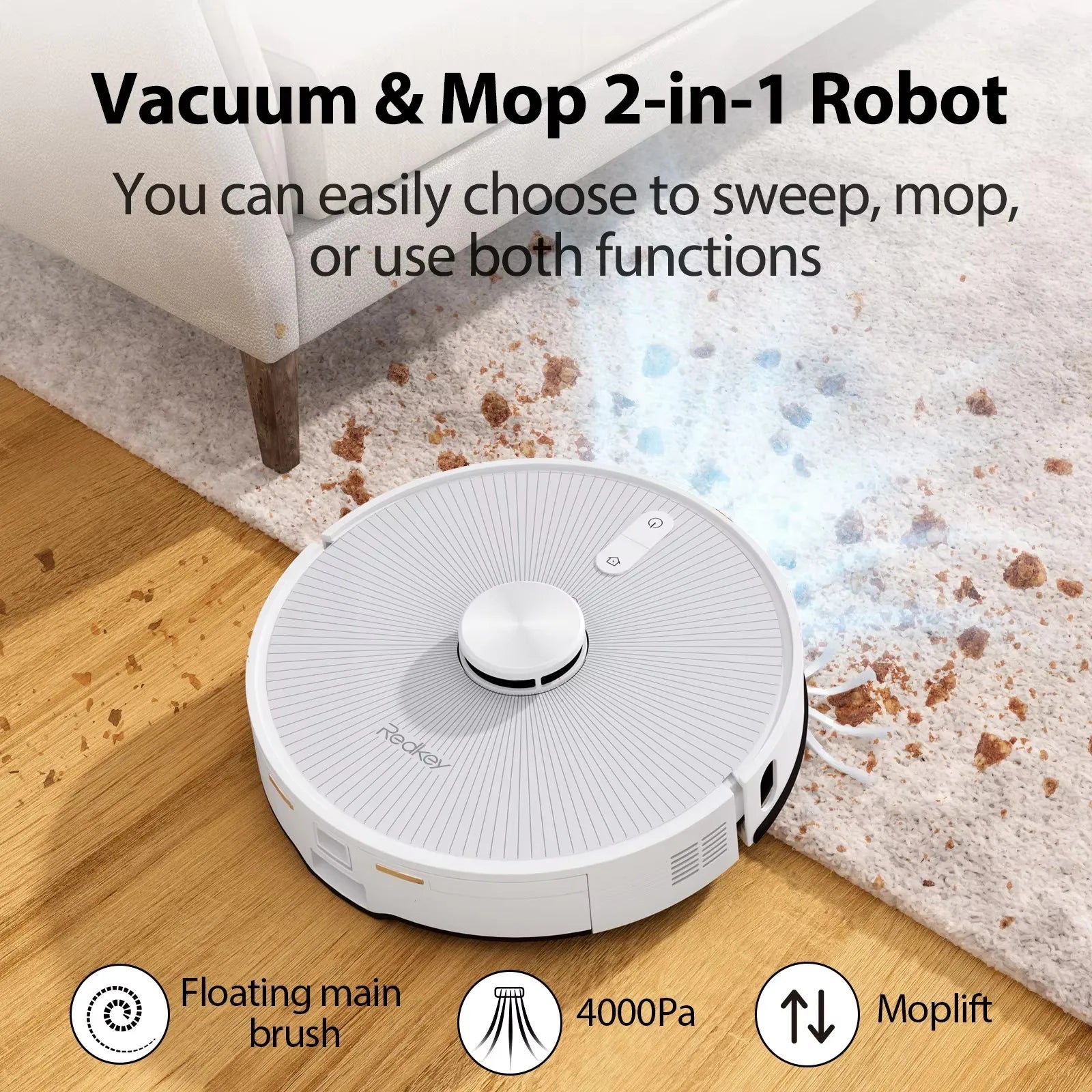 Redkey R10 Robot Vacuum Cleaner – 2-in-1 Mop, 4000Pa Suction, LiDAR Navigation