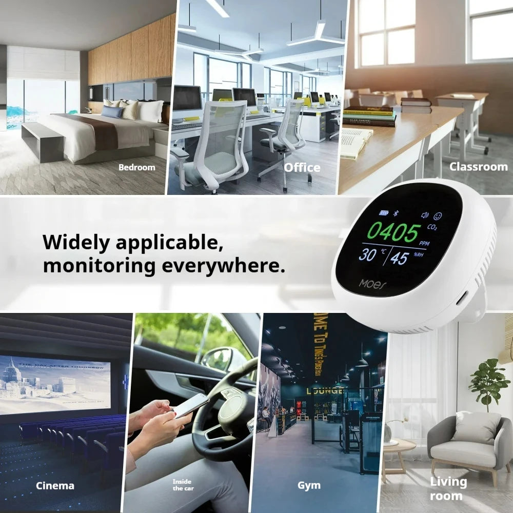 Tuya Smart Bluetooth Air Quality Monitor 3-in-1, APP/Voice Remote Control CO2 Detector with Temperature Humidity Sensor