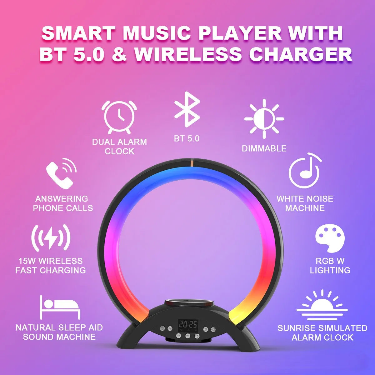 Rechargeable clock alarm clock RGB ambient music wireless charging bedside table lamp