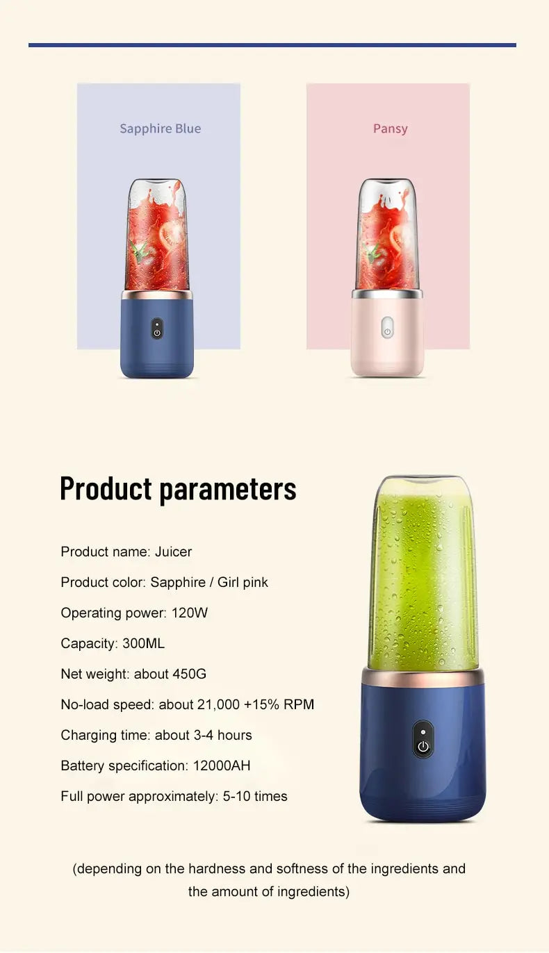 Portable Blender Bottle Electric 6 Blades Multifunction Juice Blender Fresh Juice Smoothie Blender Ice CrushCup Food Processor