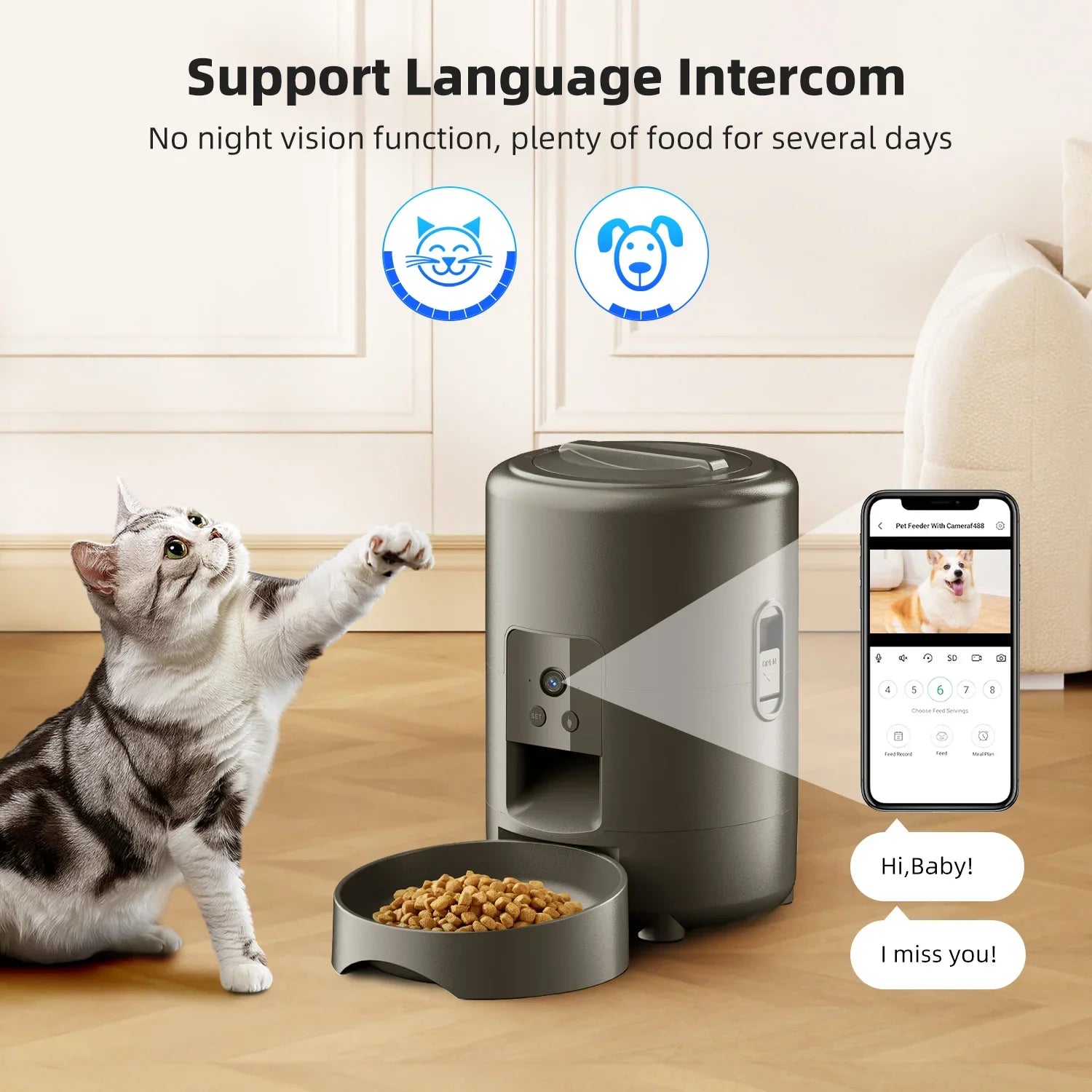 2 L Automatic Pet Feeder with Photography Cat and Dog Food Dispenser Smart Timer No Night Vision Pet Feeding Supplies