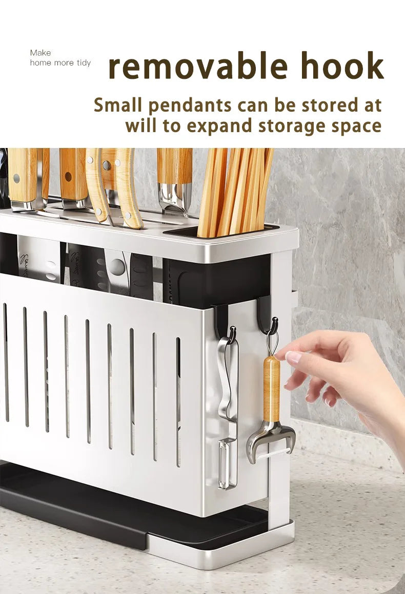 Kitchen Knife Holder Storage Rack Wall-Mounted Multi-purpose Storage Knife Rack Detachable Stainless Steel With Brackets Hooks