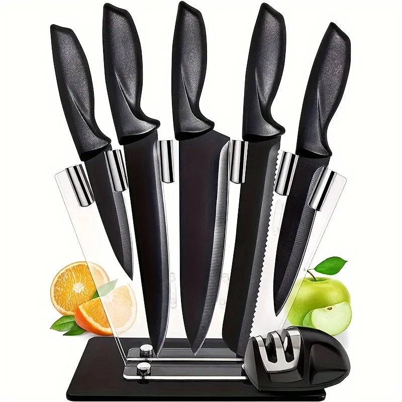 Kitchen knife 7-piece set, black professional stainless steel chef's knife with holder set home rust-proof and sharp meat cutter