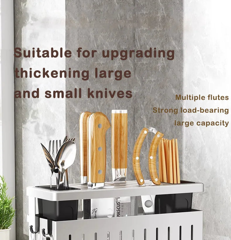 Kitchen Knife Holder Storage Rack Wall-Mounted Multi-purpose Storage Knife Rack Detachable Stainless Steel With Brackets Hooks