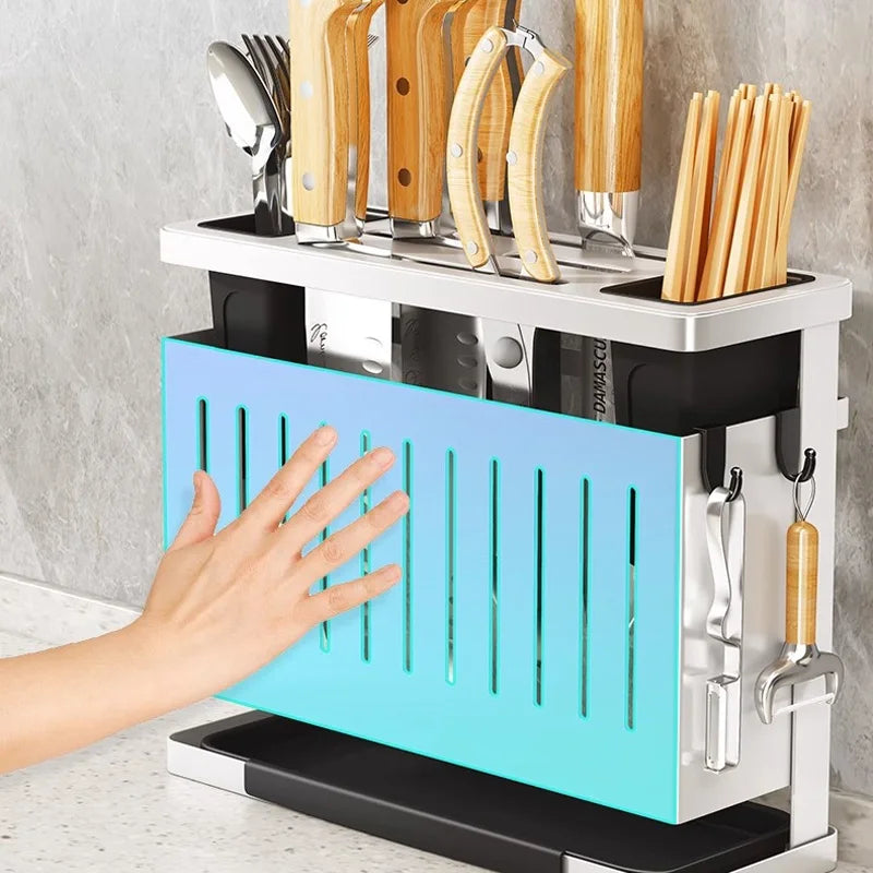 Kitchen Knife Holder Storage Rack Wall-Mounted Multi-purpose Storage Knife Rack Detachable Stainless Steel With Brackets Hooks