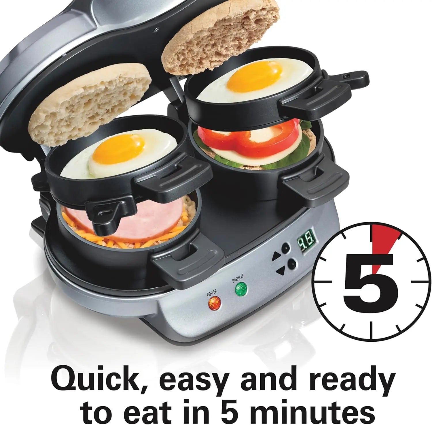 Dual Breakfast Sandwich Maker with Timer, Ready in 5 Minutes, Removable Dishwasher Safe PFAS-Free Non-Stick Egg C