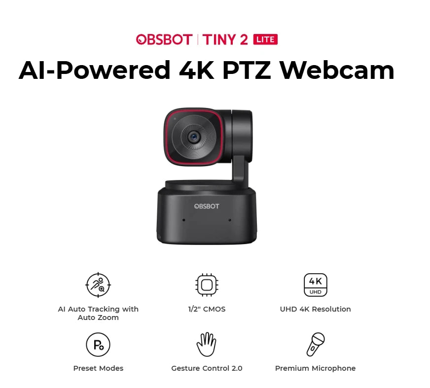 OBSBOT Tiny 2 Lite PTZ 4K Webcam 1080p@60fps HDR With AI Tracking Privacy Cover Microphone 1/2" Sensor USB2.0 Plug&play