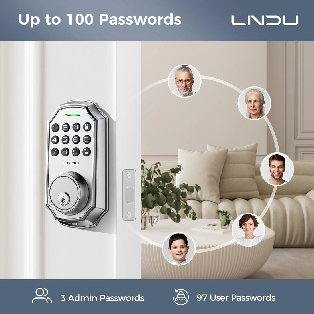 LNDU Smart Lock D180 100 Entry Codes Electronic Keypad Deadbolt Anti-Peeping Password One Touch Auto-Locking Security Door Lock
