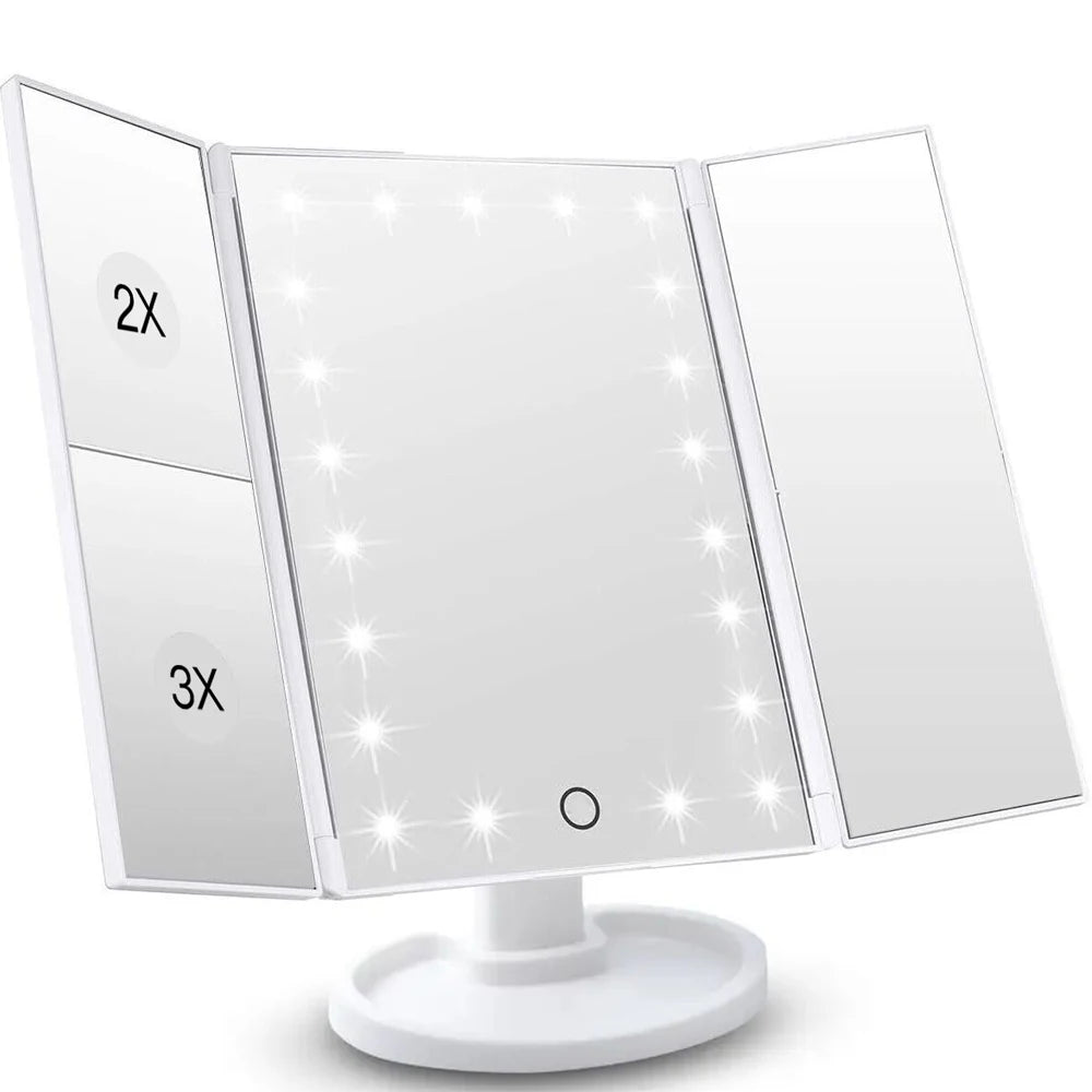 LED Vanity Makeup Mirror with Touch Control, Adjustable Lighting 1X, 2X, 3X Magnification, Trifold Design Ideal Gift for Women