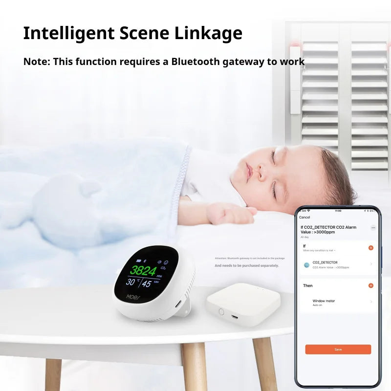 Tuya Smart Bluetooth Air Quality Monitor 3-in-1, APP/Voice Remote Control CO2 Detector with Temperature Humidity Sensor