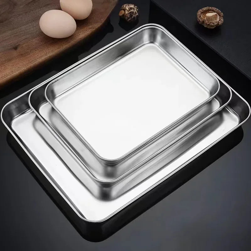 Kitchen Rectangle Stainless Steel Food Storage Serving Trays Sausage Noodles Fruits Dish Restaurant Hotel Metal Dinnerware Plate