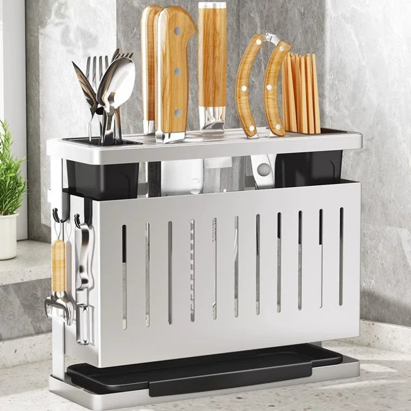 Kitchen Knife Holder Storage Rack Wall-Mounted Multi-purpose Storage Knife Rack Detachable Stainless Steel With Brackets Hooks