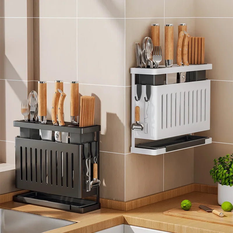 Kitchen Knife Holder Storage Rack Wall-Mounted Multi-purpose Storage Knife Rack Detachable Stainless Steel With Brackets Hooks