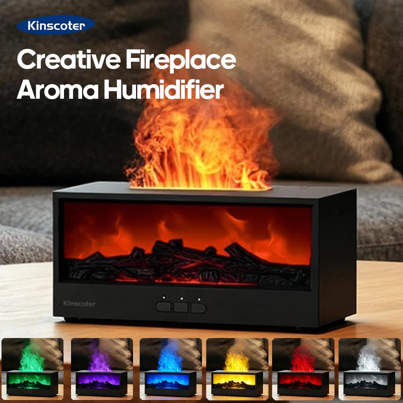Creative Fireplace Aroma Diffuser Flame Air Humidifier Colorful Lights w/ Remote for Home Office Holiday Gifts/Essential oil set