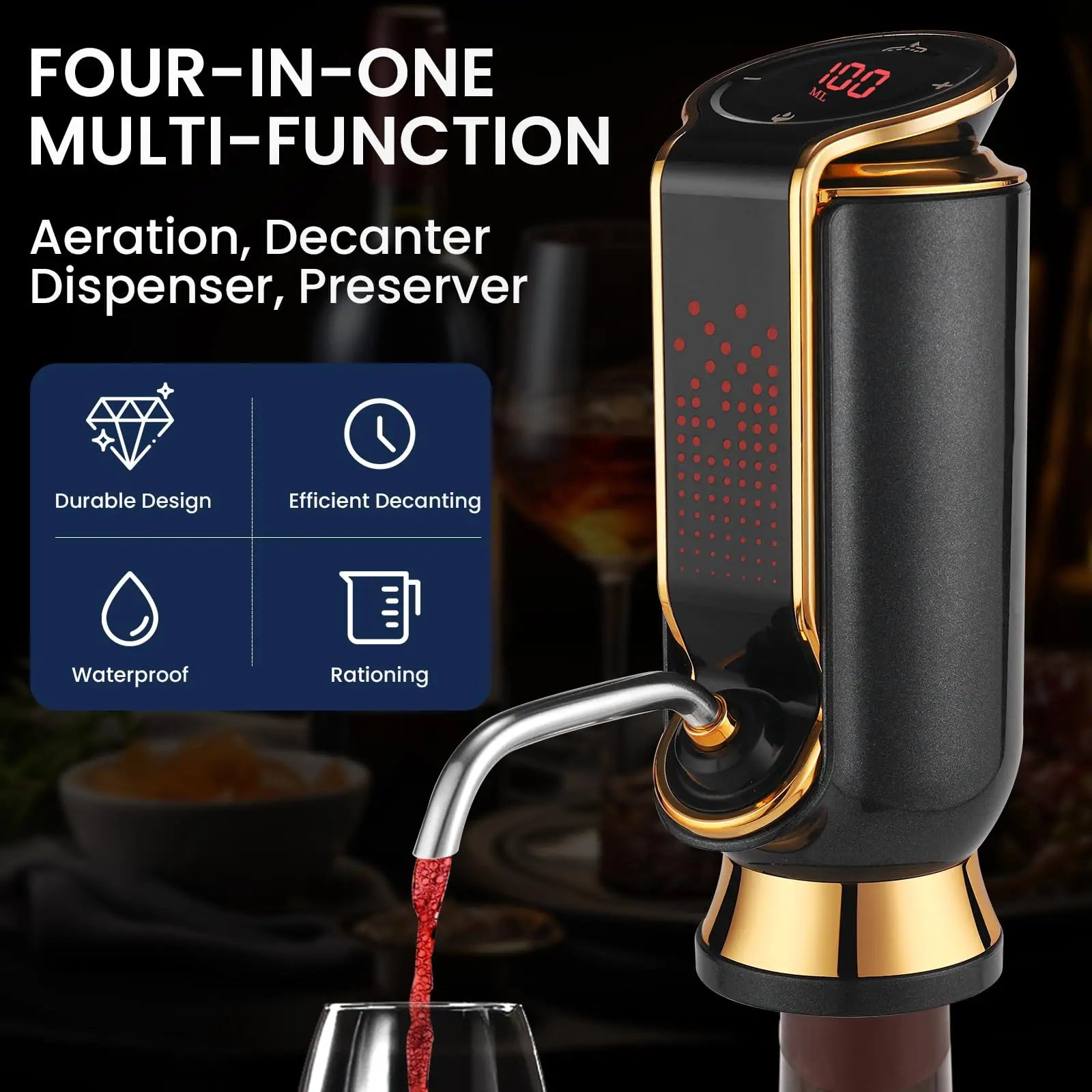 Luxurious 3-in-1 Electric Wine Aerator Decanter Dispenser & Vacuum Saver with LED Display Wine Pourer Gift for Women Wine Lover