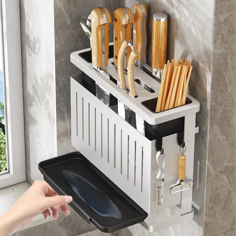 Kitchen Knife Holder Storage Rack Wall-Mounted Multi-purpose Storage Knife Rack Detachable Stainless Steel With Brackets Hooks