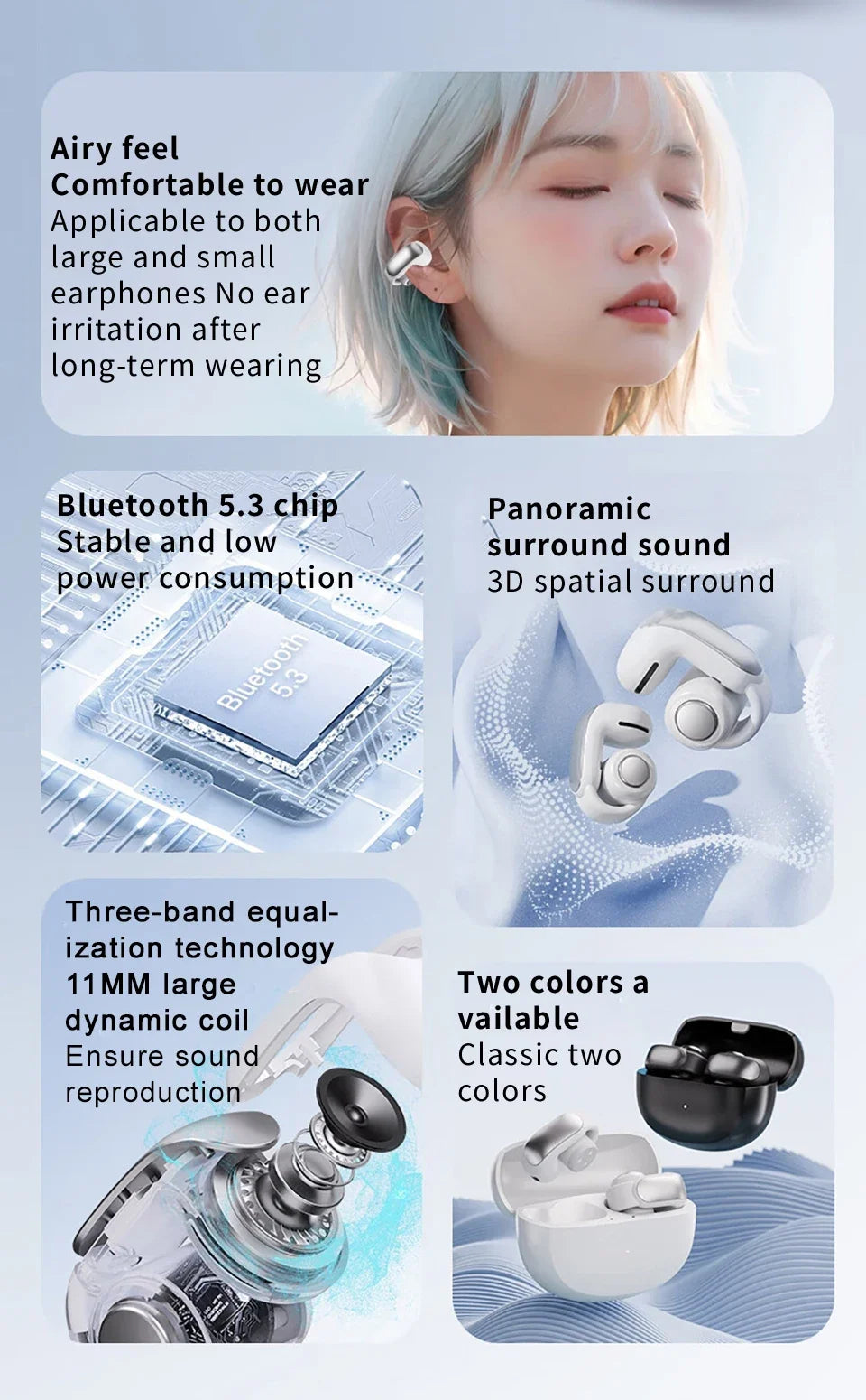 New V12 Earphones Wireless Bluetooth 5.3 Open Headsets HiFi Stereo Sport Earbuds HD Mic Call Ear Clip Headphones For BOSE Ultra