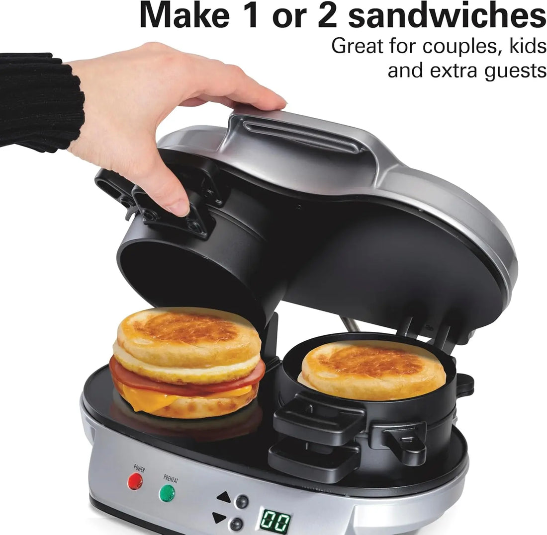 Dual Breakfast Sandwich Maker with Timer, Ready in 5 Minutes, Removable Dishwasher Safe PFAS-Free Non-Stick Egg C