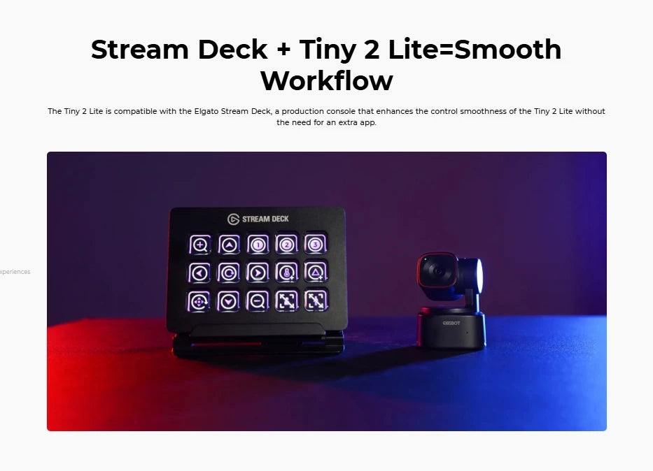 OBSBOT Tiny 2 Lite PTZ 4K Webcam 1080p@60fps HDR With AI Tracking Privacy Cover Microphone 1/2" Sensor USB2.0 Plug&play