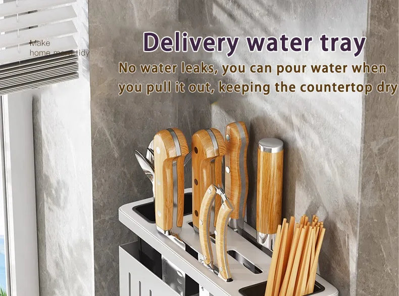 Kitchen Knife Holder Storage Rack Wall-Mounted Multi-purpose Storage Knife Rack Detachable Stainless Steel With Brackets Hooks