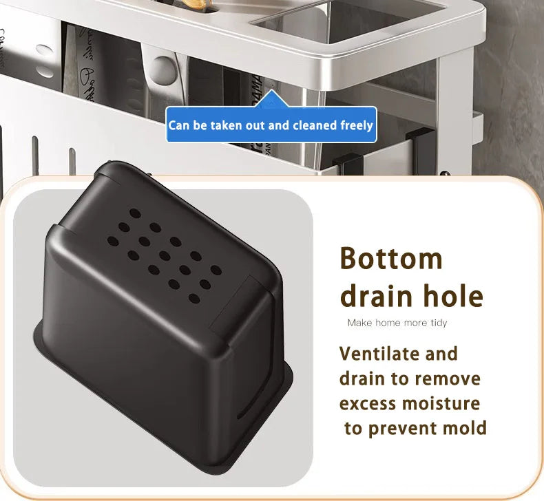 Kitchen Knife Holder Storage Rack Wall-Mounted Multi-purpose Storage Knife Rack Detachable Stainless Steel With Brackets Hooks