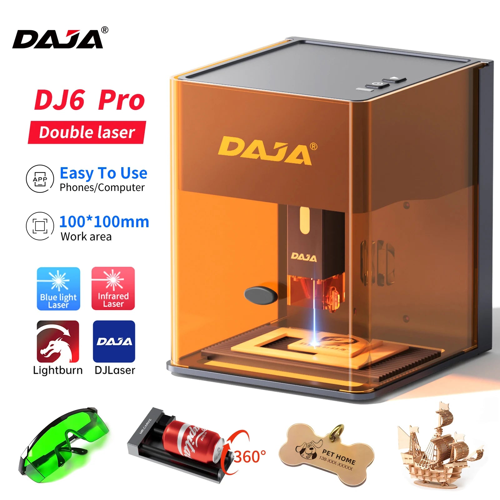 DAJA DJ6 Pro Mini Laser Engraving Machine Safety Cover Cut Business Engraving Machine for Metal JewelryWood Acrylic Glass