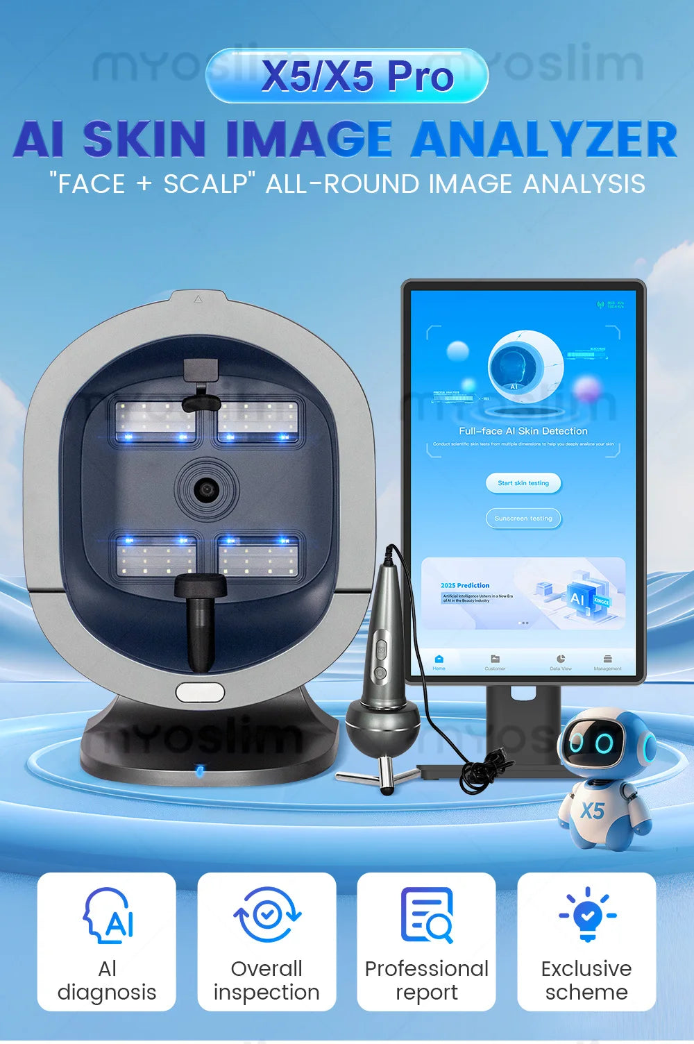 Upgraded X5 3D Ai Skin Image Analyzer High Definition Pixels Whole Facial Scanning Multi Spectrum Moisture Scalp Detection