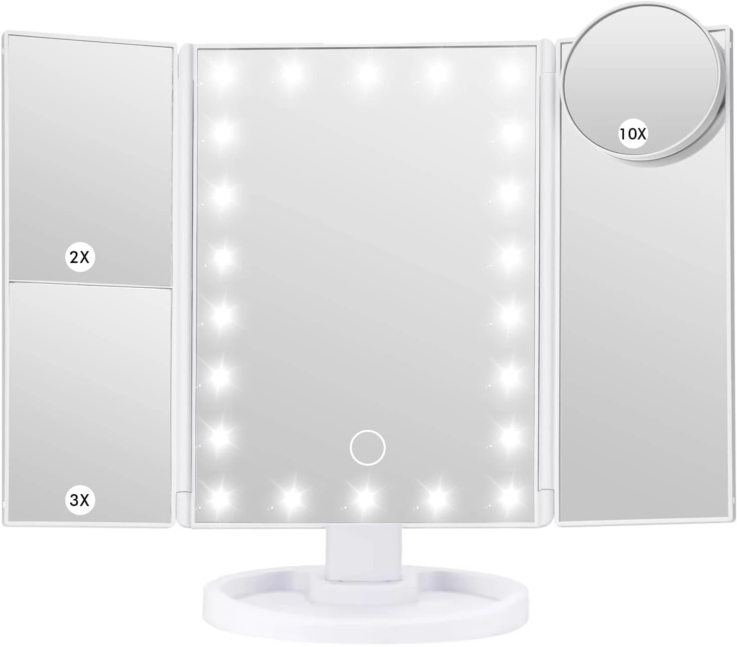 LED Vanity Makeup Mirror with Touch Control, Adjustable Lighting 1X, 2X, 3X Magnification, Trifold Design Ideal Gift for Women