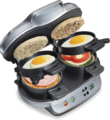 Dual Breakfast Sandwich Maker with Timer, Ready in 5 Minutes, Removable Dishwasher Safe PFAS-Free Non-Stick Egg C