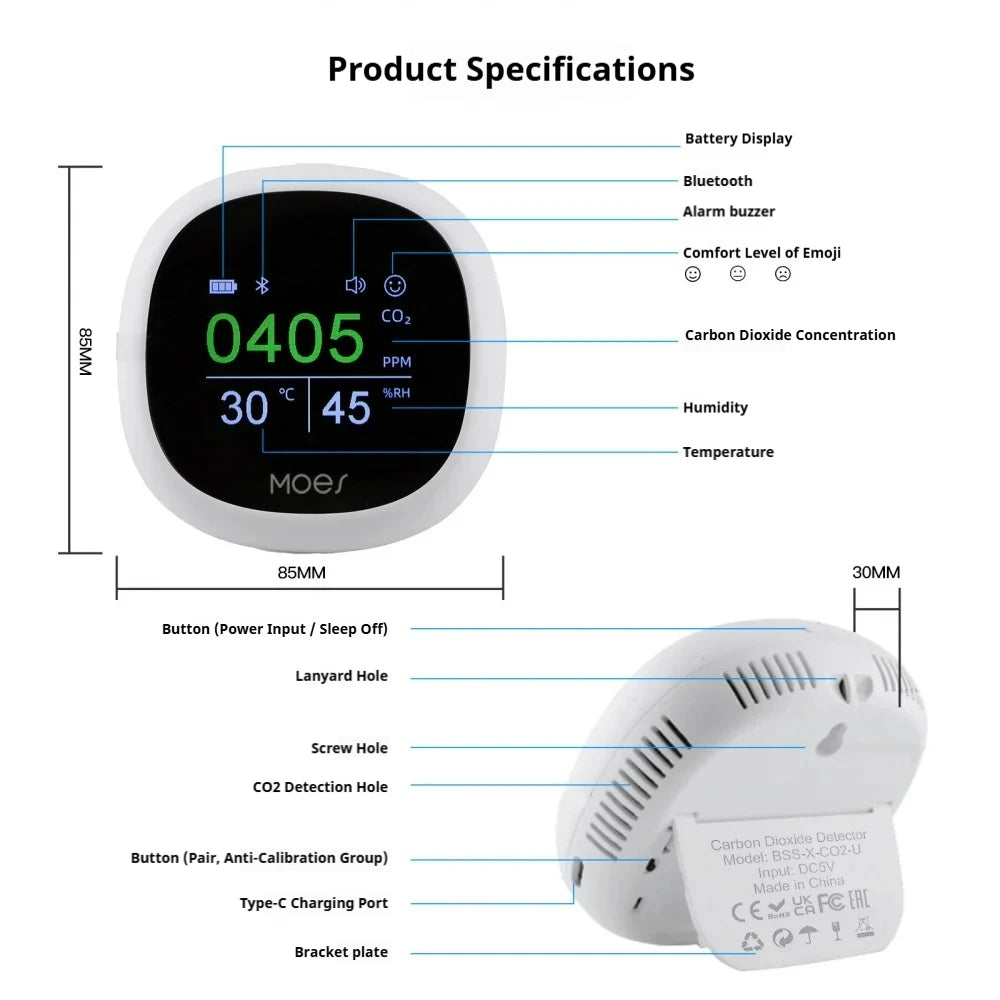 Tuya Smart Bluetooth Air Quality Monitor 3-in-1, APP/Voice Remote Control CO2 Detector with Temperature Humidity Sensor