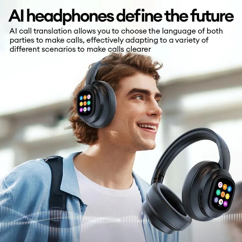 AI LCD Touch Screen Shock Bass Headsets HIFI Sound Wireless Bluetooth Headphones ANC Noise Reduction Gamer Earphones With HD Mic