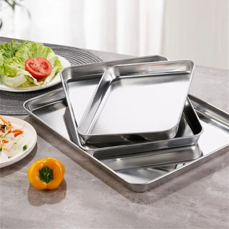 Kitchen Rectangle Stainless Steel Food Storage Serving Trays Sausage Noodles Fruits Dish Restaurant Hotel Metal Dinnerware Plate